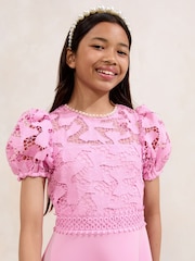 Lipsy Pink Embellished Bow Lace Scuba 2-in-1 Occasion Dress (5-16yrs) - Image 2 of 4