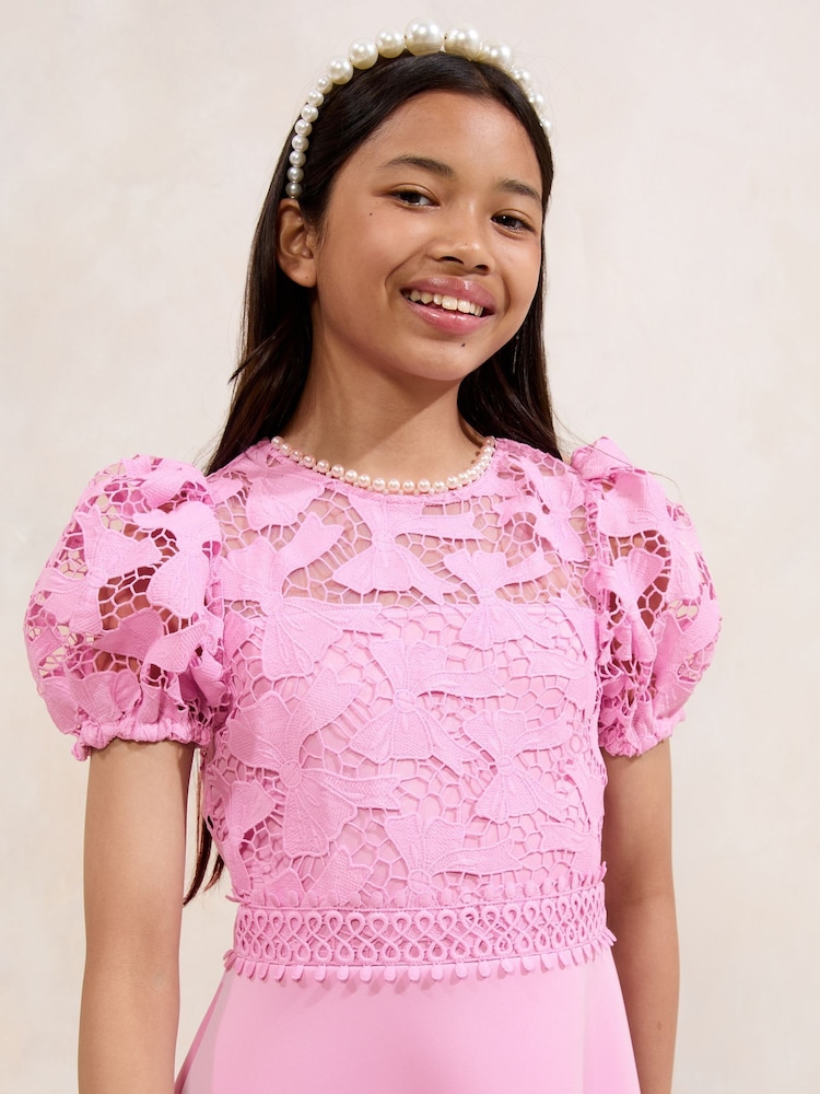 Lipsy Pink Embellished Bow Lace Scuba 2-in-1 Occasion Dress (5-16yrs) - Image 2 of 4