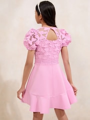 Lipsy Pink Embellished Bow Lace Scuba 2-in-1 Occasion Dress (5-16yrs) - Image 4 of 4