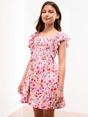 Lipsy White Floral Print Crinkle Jersey Frill Dress (5-16yrs) - Image 1 of 4