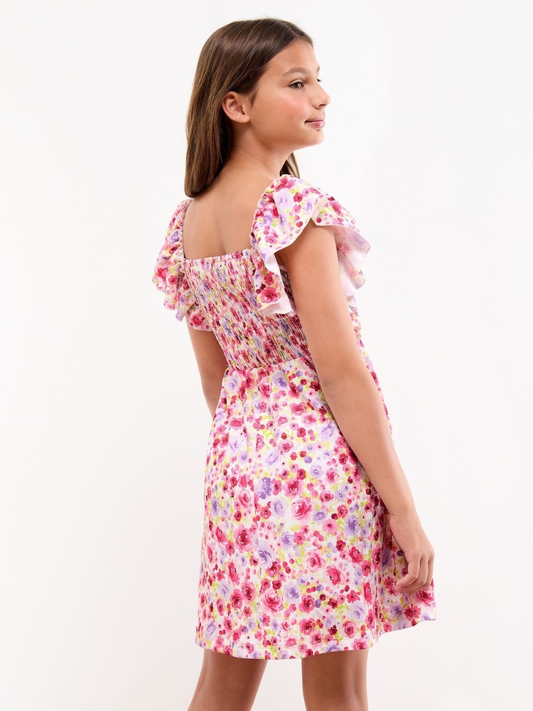 Lipsy White Floral Print Crinkle Jersey Frill Dress (5-16yrs) - Image 4 of 4