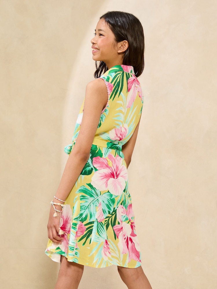 Lipsy Yellow Palm Print Crinkle Sleeveless Holiday Shop Shirt Dress (5-16yrs) - Image 4 of 4 Lipsy Yellow Palm Print Crinkle Sleeveless Holiday Shop Shirt Dress (5-16yrs) - Image 4 of 4