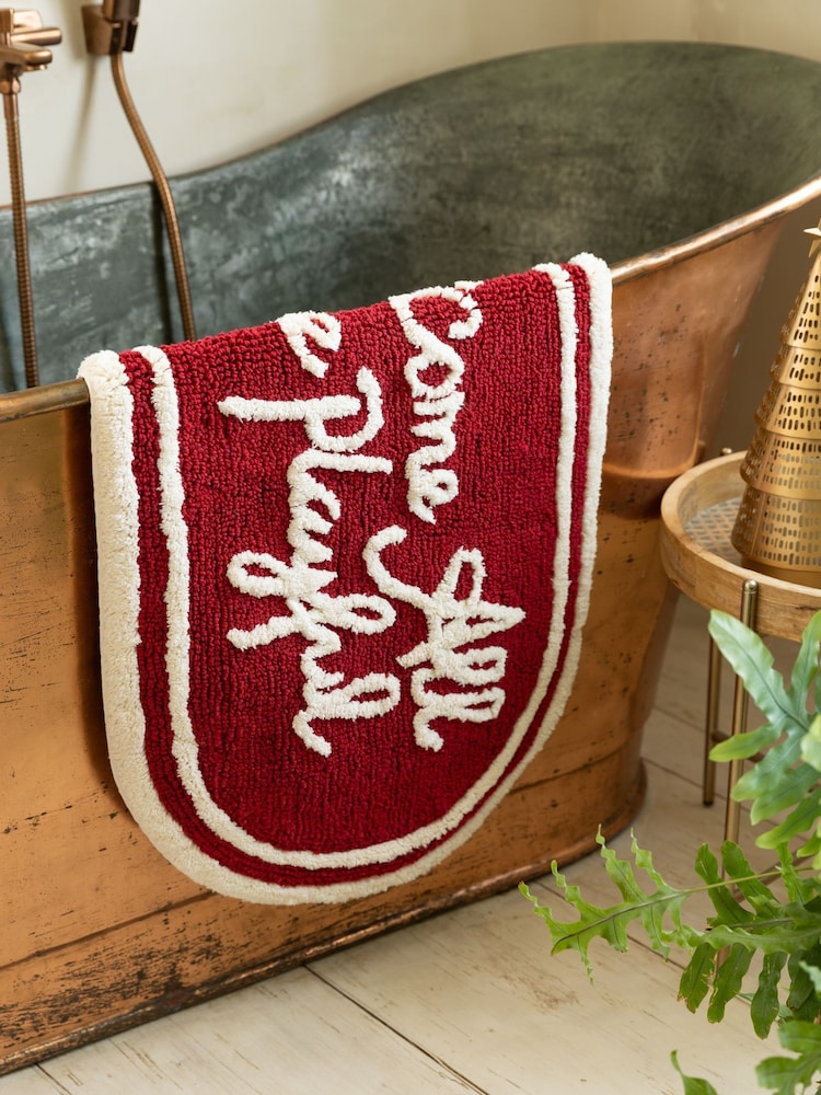 O'Come All Ye Red Playful Christmas Slogan 100% Cotton Bath Mat - Image 2 of 4