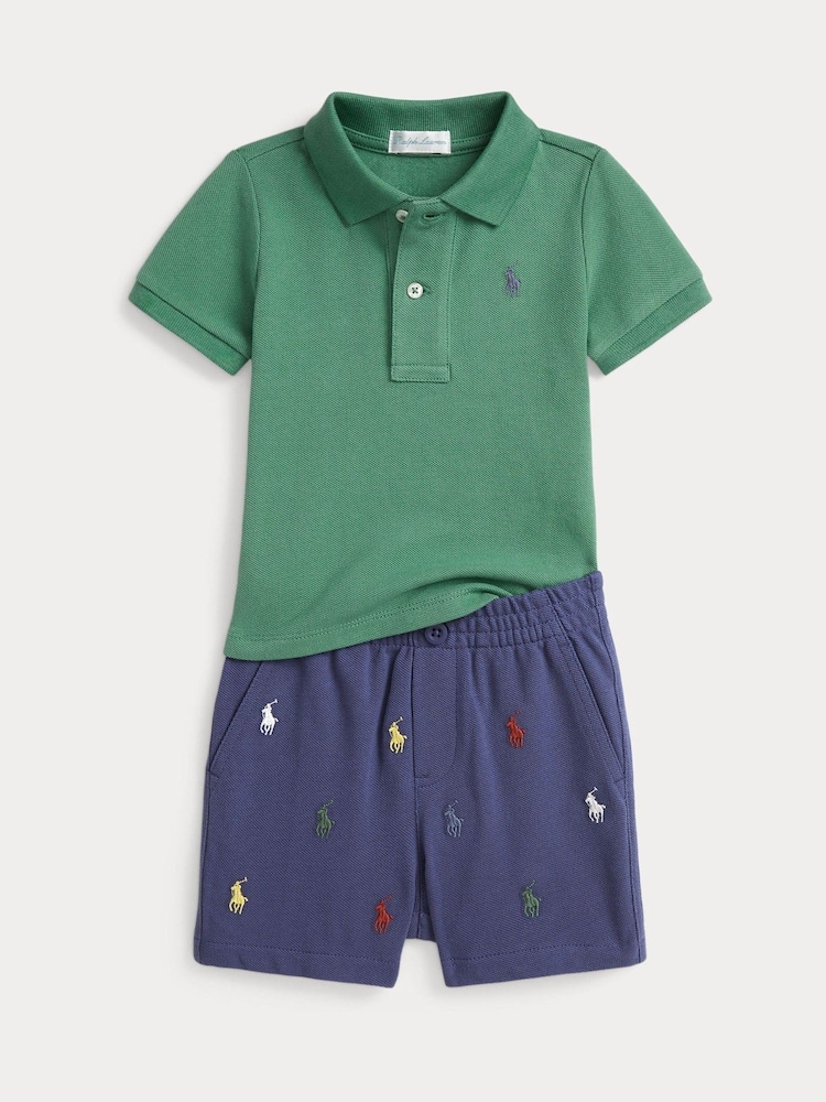Polo Ralph Lauren Green Baby Polo Shirt and All Over Pony Shorts Set - Image 1 of 3