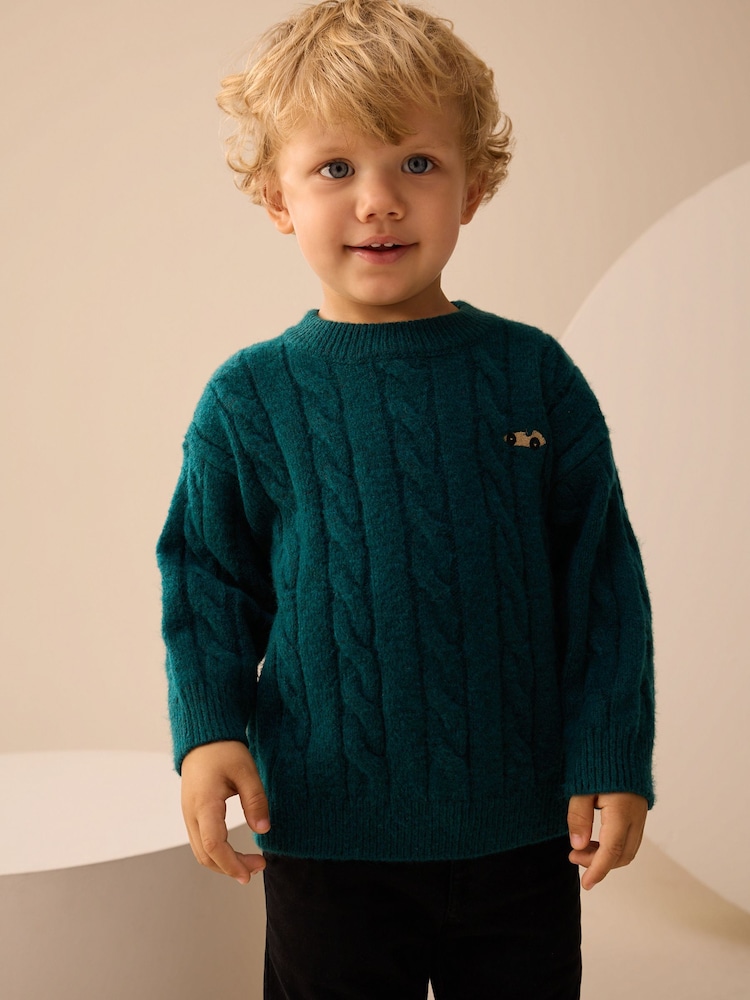 Dark Green Stripe Cable Knit Crew Neck Jumper (3mths-7yrs) - Image 1 of 7 Dark Green Stripe Cable Knit Crew Neck Jumper (3mths-7yrs) - Image 1 of 7