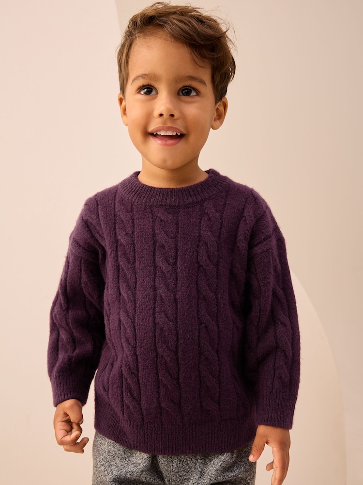Plum Stripe Cable Knit Crew Neck Jumper (3mths-7yrs) - Image 1 of 8 Plum Stripe Cable Knit Crew Neck Jumper (3mths-7yrs) - Image 1 of 8