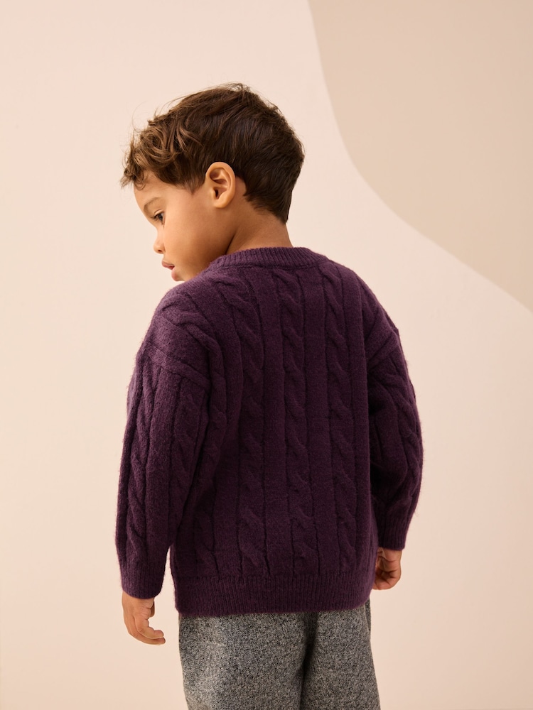 Plum Stripe Cable Knit Crew Neck Jumper (3mths-7yrs) - Image 2 of 8 Plum Stripe Cable Knit Crew Neck Jumper (3mths-7yrs) - Image 2 of 8