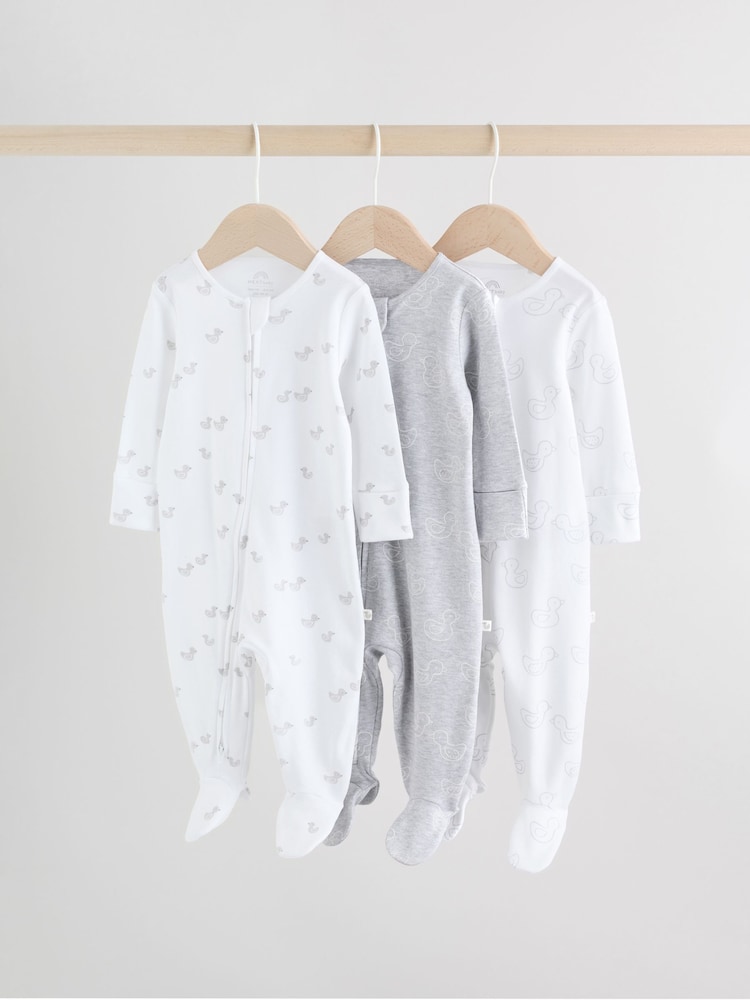 Grey Baby Two Way Zip Sleepsuits 3 Pack (0-2yrs) - Image 1 of 13