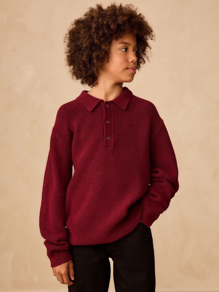 Plum Purple Knitted Button Neck Polo Shirt (3-16yrs) - Image 1 of 8