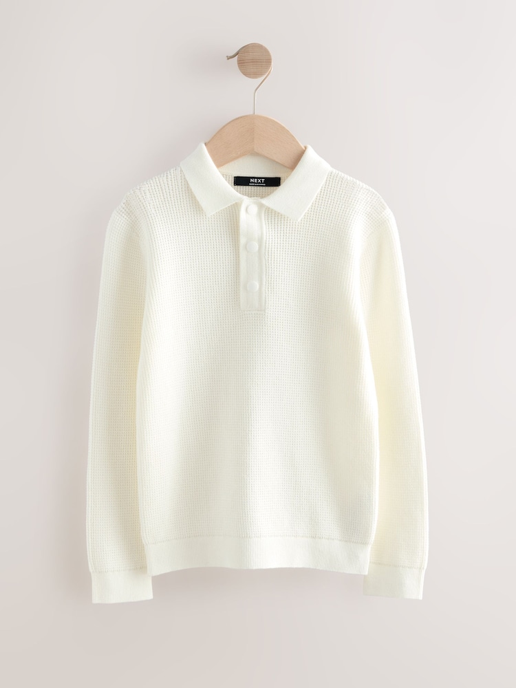 Ecru Cream Long Sleeve Textured Polo Shirt (3-16yrs) - Image 1 of 4
