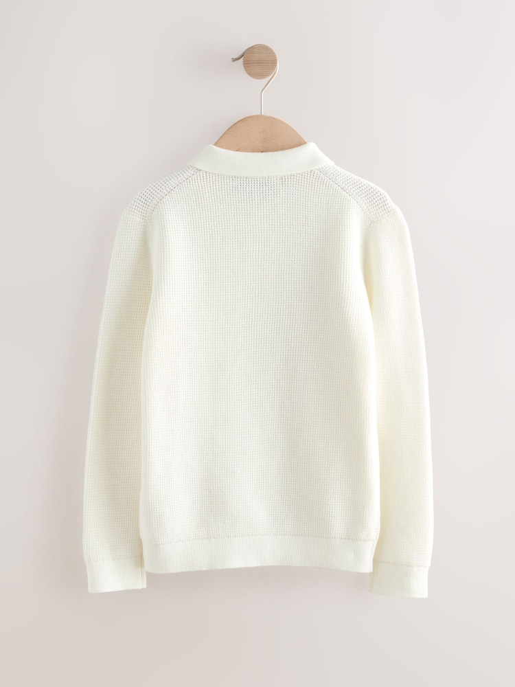 Ecru Cream Long Sleeve Textured Polo Shirt (3-16yrs) - Image 2 of 4