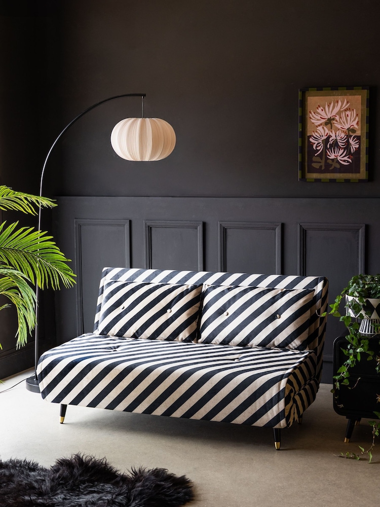 Rockett St George Studio Stripe Velvet Sand & Black Mabel Large 2 Seater Sofabed - Image 1 of 5