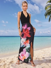 Lipsy Black Petite Jersey Floral Print Halter Neck Maxi Dress - Image 1 of 4