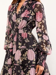 Lipsy Black Floral Print V-Neck Long Sleeves Tiered Mini Dress - Image 2 of 4