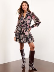 Lipsy Black Floral Print V-Neck Long Sleeves Tiered Mini Dress - Image 3 of 4