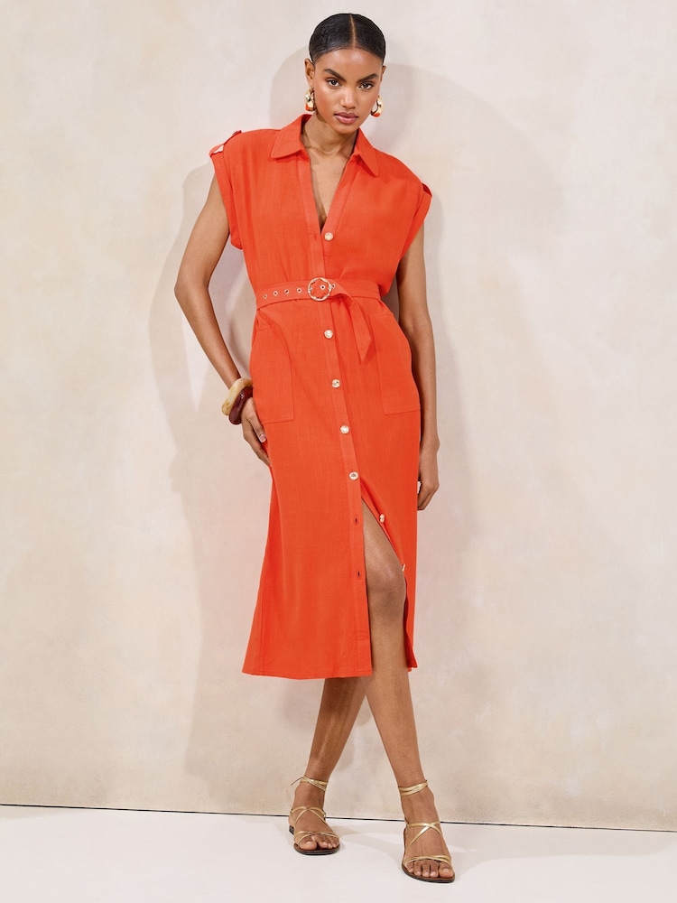 Lipsy Orange Short Sleeve Linen Look Button Down Midi Shirt Dress - Image 1 of 4