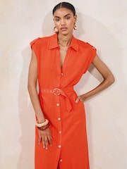 Lipsy Orange Short Sleeve Linen Look Button Down Midi Shirt Dress - Image 3 of 4