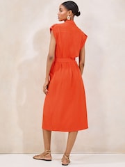 Lipsy Orange Short Sleeve Linen Look Button Down Midi Shirt Dress - Image 4 of 4