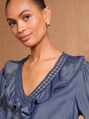 Azul - Love & Roses Print Boho Ruffle Lace Trim 3/4 Sleeve 100% Cotton Mini Dress - Imagen 2 de 4
