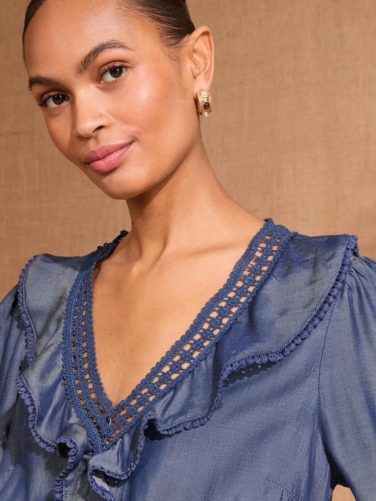 Azul - Love & Roses Print Boho Ruffle Lace Trim 3/4 Sleeve 100% Cotton Mini Dress - Imagen 2 de 4