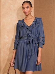Azul - Love & Roses Print Boho Ruffle Lace Trim 3/4 Sleeve 100% Cotton Mini Dress - Imagen 3 de 4