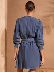 Azul - Love & Roses Print Boho Ruffle Lace Trim 3/4 Sleeve 100% Cotton Mini Dress - Imagen 4 de 4