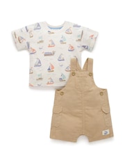 Purebaby Brown Linen Blend Dungaree and T-Shirt Set - Image 1 of 4