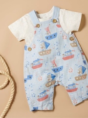 Purebaby Blue 100% Cotton Seaside Dungaree and T-Shirt Set - Image 1 of 4
