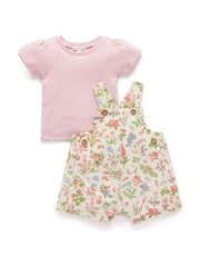 Purebaby Pink Linen Blend Dungaree and T-Shirt Set - Image 1 of 3