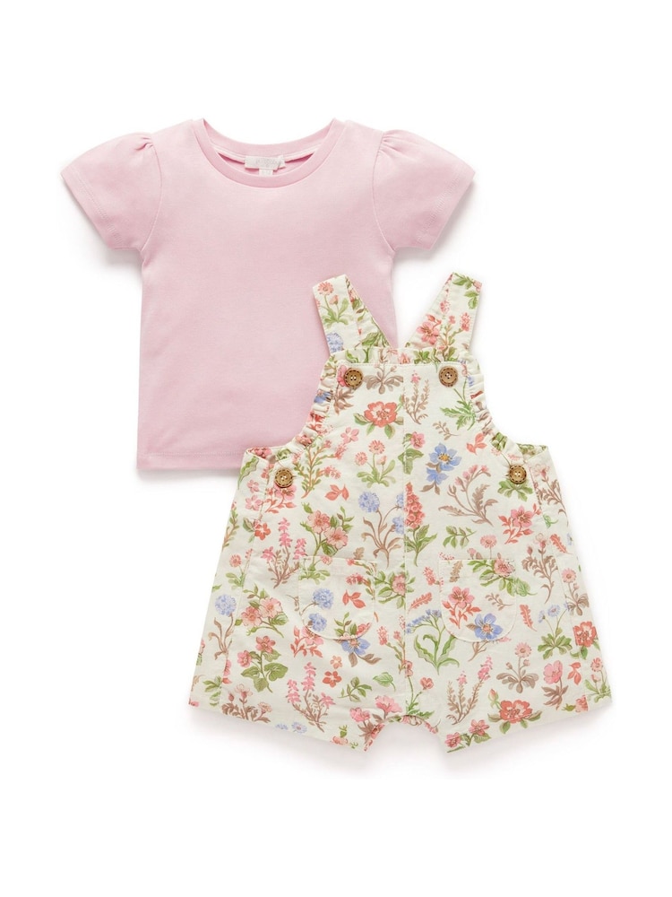 Purebaby Pink Linen Blend Dungaree and T-Shirt Set - Image 1 of 3