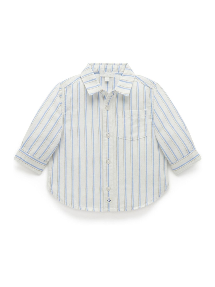 Purebaby Blue Stipped Linen Blend Long Sleeve Shirt - Image 1 of 4 Purebaby Blue Stipped Linen Blend Long Sleeve Shirt - Image 1 of 4