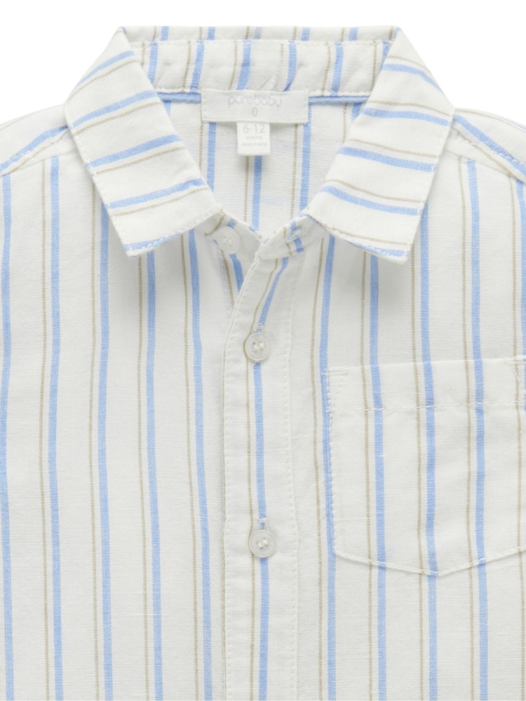 Purebaby Blue Stipped Linen Blend Long Sleeve Shirt - Image 2 of 4 Purebaby Blue Stipped Linen Blend Long Sleeve Shirt - Image 2 of 4
