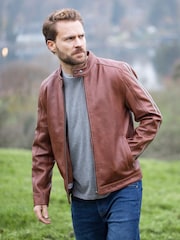Lakeland Leather Brown Morton Contrast Stripe Stand Collar Biker Jacket - Image 1 of 7