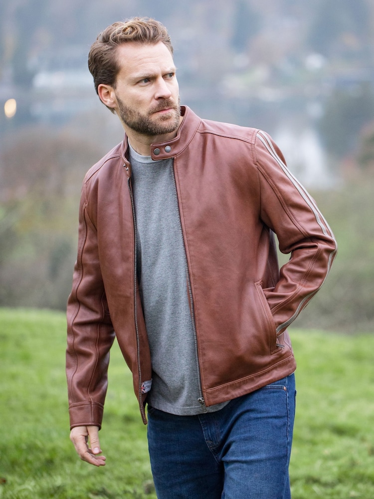 Lakeland Leather Brown Morton Contrast Stripe Stand Collar Biker Jacket - Image 1 of 7
