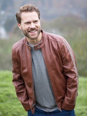 Lakeland Leather Brown Morton Contrast Stripe Stand Collar Biker Jacket - Image 2 of 7