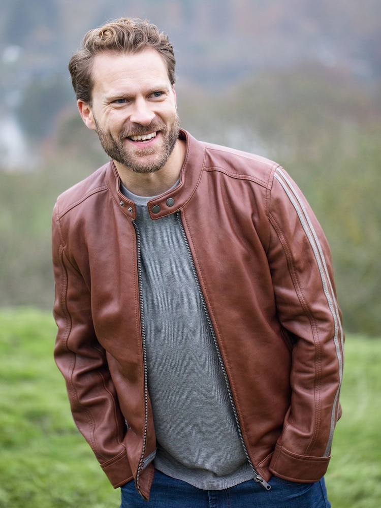 Lakeland Leather Brown Morton Contrast Stripe Stand Collar Biker Jacket - Image 2 of 7