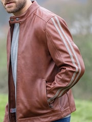 Lakeland Leather Brown Morton Contrast Stripe Stand Collar Biker Jacket - Image 4 of 7