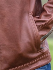 Lakeland Leather Brown Morton Contrast Stripe Stand Collar Biker Jacket - Image 5 of 7