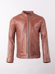 Lakeland Leather Brown Morton Contrast Stripe Stand Collar Biker Jacket - Image 6 of 7