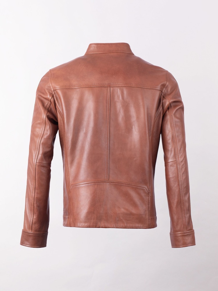 Lakeland Leather Brown Morton Contrast Stripe Stand Collar Biker Jacket - Image 7 of 7