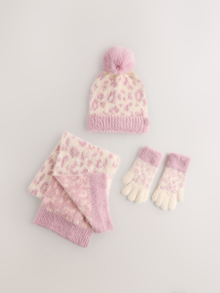 Pink Animal Print Beanie Gloves And Scarf Set (3-16yrs) - Image 1 of 4