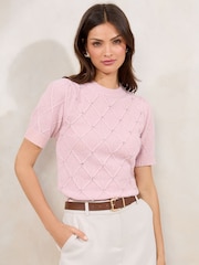 Rosa - Top de punto de manga corta con botones en los hombros y cuello redondo de Lipsy - Imagen 1 de 4