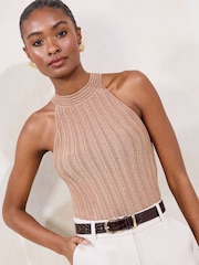 Lipsy Pink Knitted Sparkle Metallic Halter Neck Top - Image 2 of 5