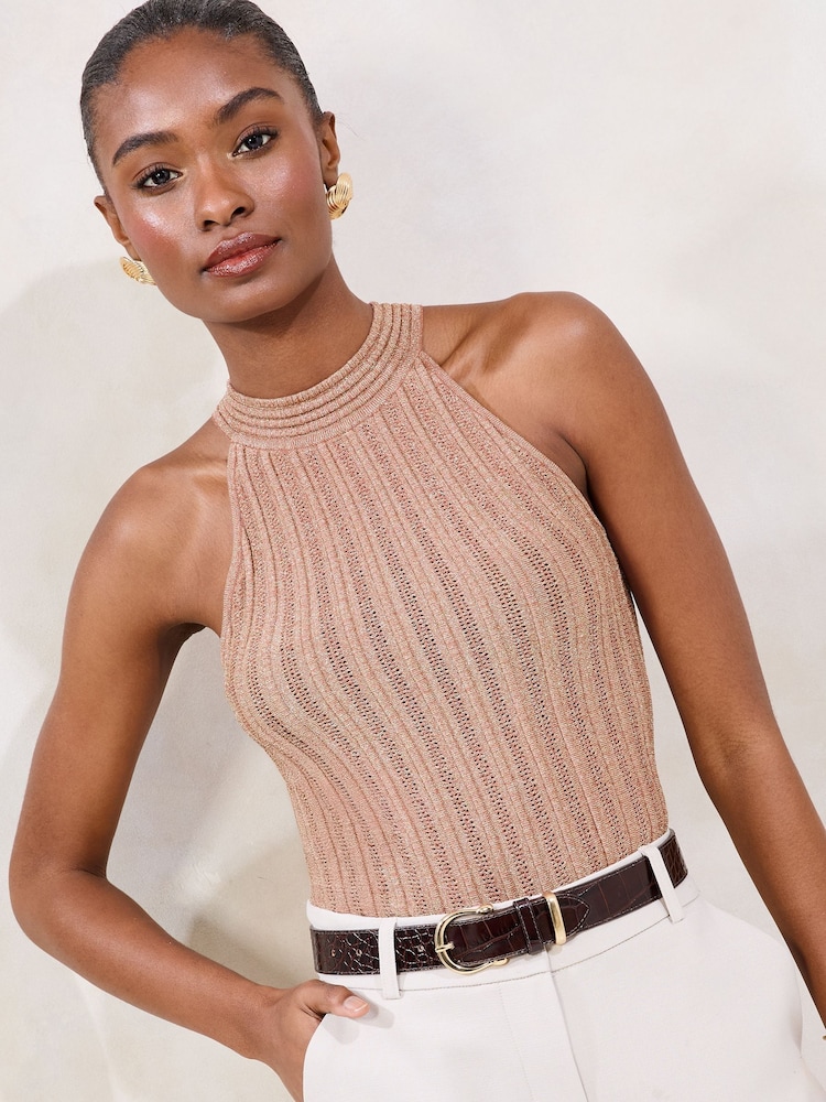 Lipsy Pink Knitted Sparkle Metallic Halter Neck Top - Image 2 of 5