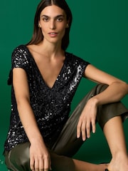 Black Sequin V-Neck Sleeveless Top - Image 1 of 7