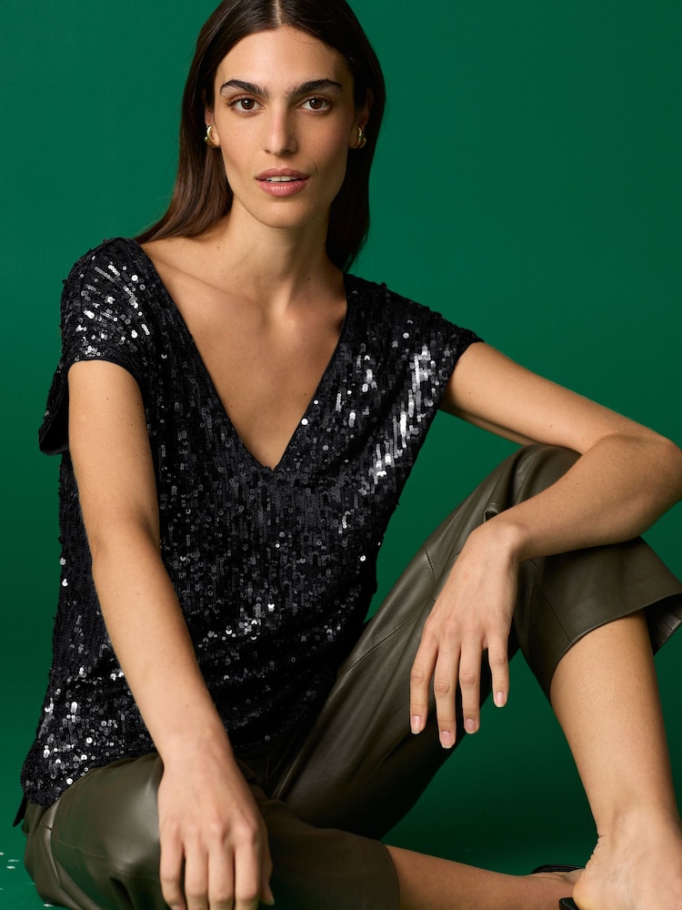 Black Sequin V-Neck Sleeveless Top - Image 1 of 7 Black Sequin V-Neck Sleeveless Top - Image 1 of 7