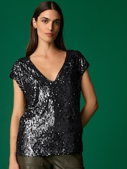 Black Sequin V-Neck Sleeveless Top - Image 2 of 7