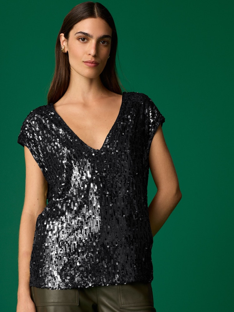 Black Sequin V-Neck Sleeveless Top - Image 2 of 7 Black Sequin V-Neck Sleeveless Top - Image 2 of 7
