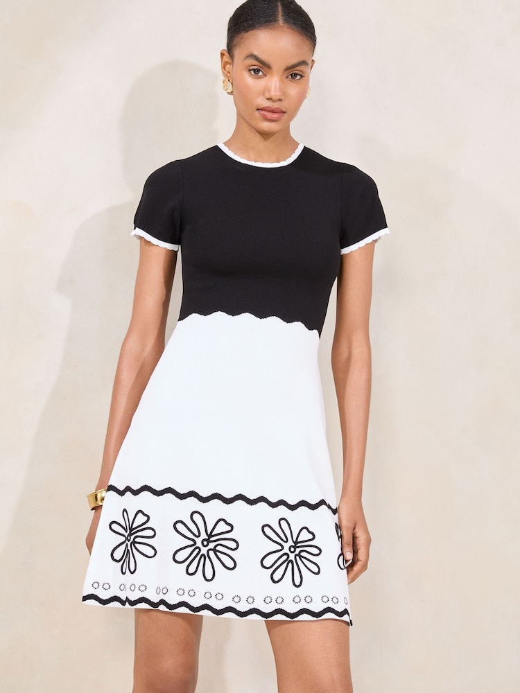 Lipsy Monochrome Knit Short Sleeve Skater Mini Dress - Image 1 of 5