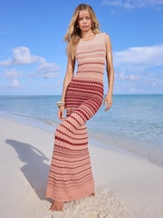 Lipsy Peach Pink Summer Crochet Knit Metallic Sparkle Chevron Stripe Maxi Dress - Image 1 of 5